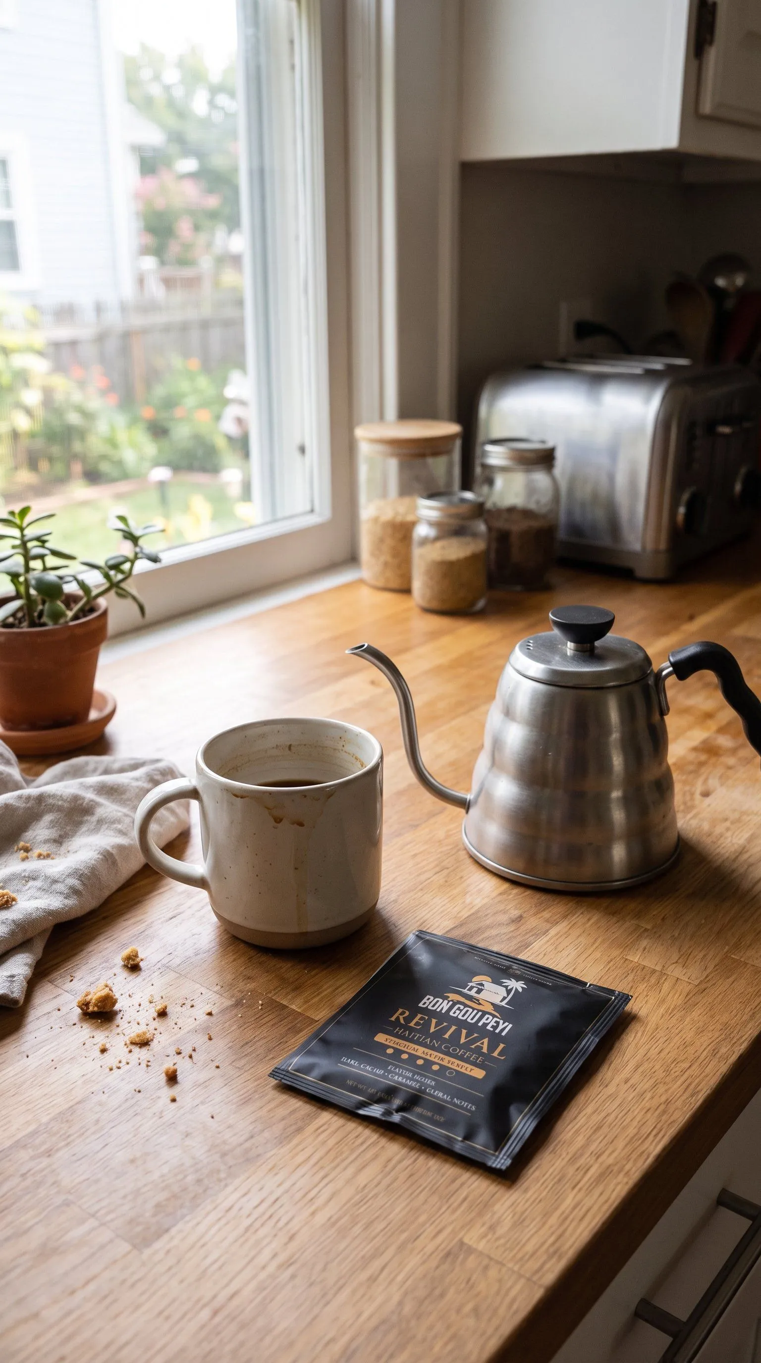 Warm kitchen counter with a coffee mug and REVIVAL pouch
